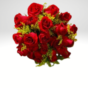 Buquê com 20 Rosas Vermelhas  e Folhagens envolvidas com celofane e laço cetim